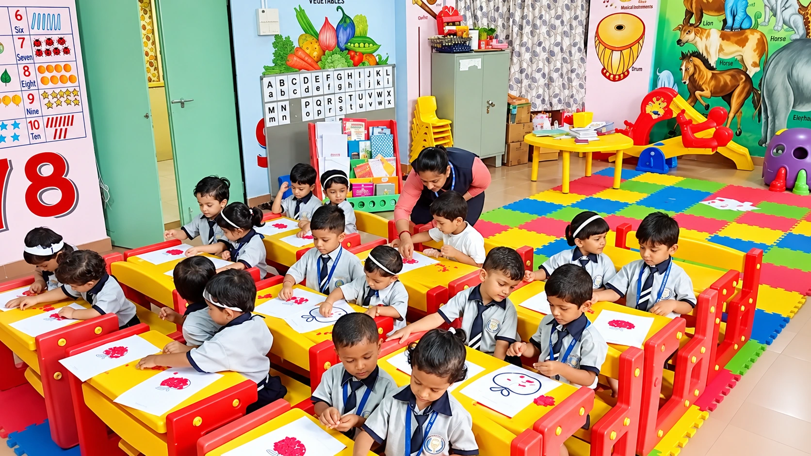 Young SSKEMS students drawing at colourful desks with a teacher in their classroom.